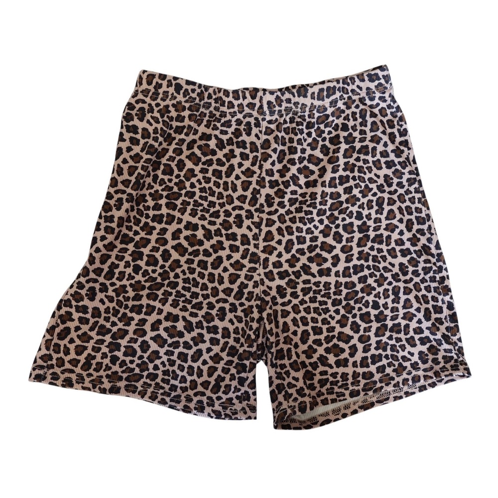 SHEIN Women Leopard Print Ribbed Knit Biker Shorts Brown Animal Print Large